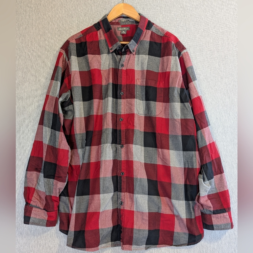 Eddie Bauer Buffalo Plaid Flannel Shirt Men's 2XL Red Gray Classic Fit Cotton